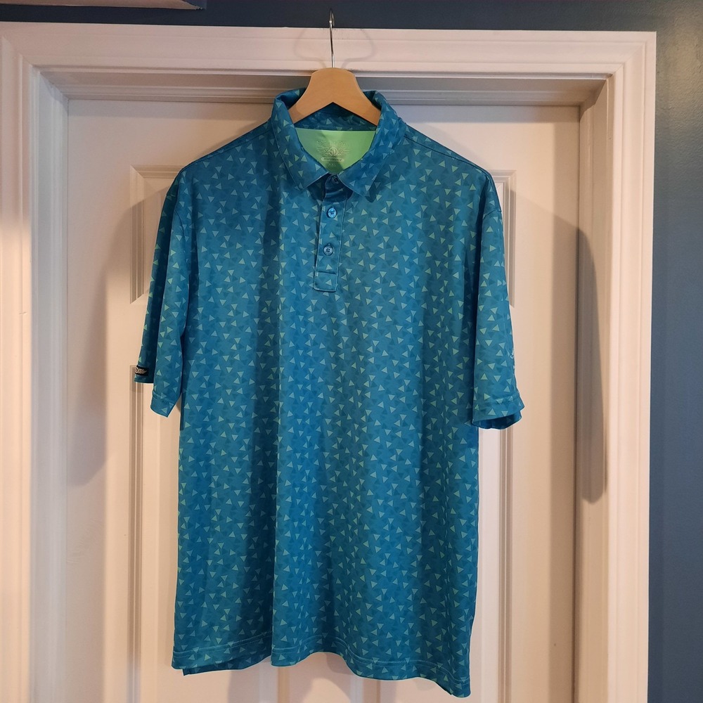 Straight Down Polo Mens XXL Golf Shirt Teal Allover Geometric‎ Print Performance
